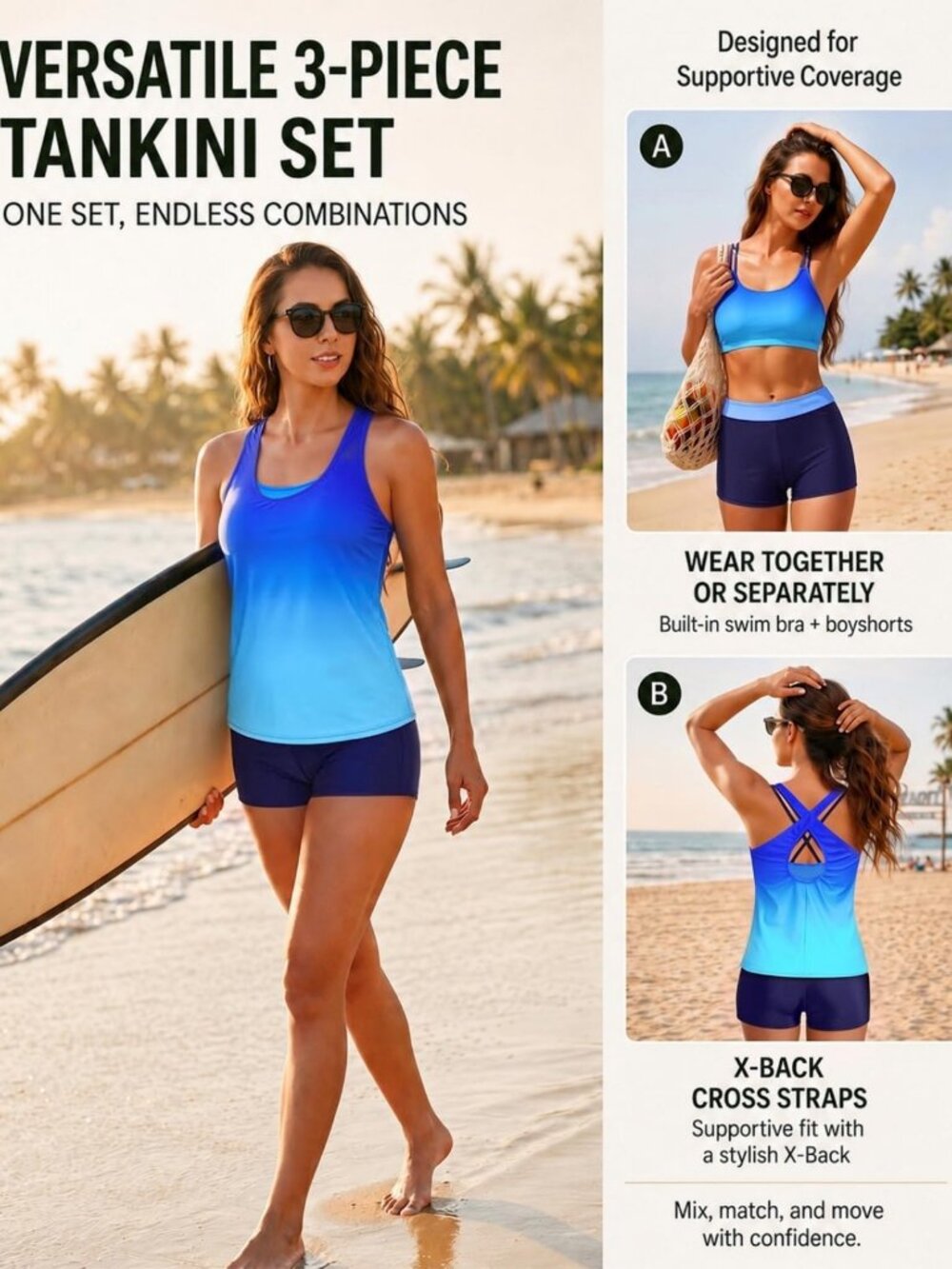 Stylish 3-Piece Tankini Swimsuit Set with Tummy Control & Boy Shorts for Women - Picture 2 of 7